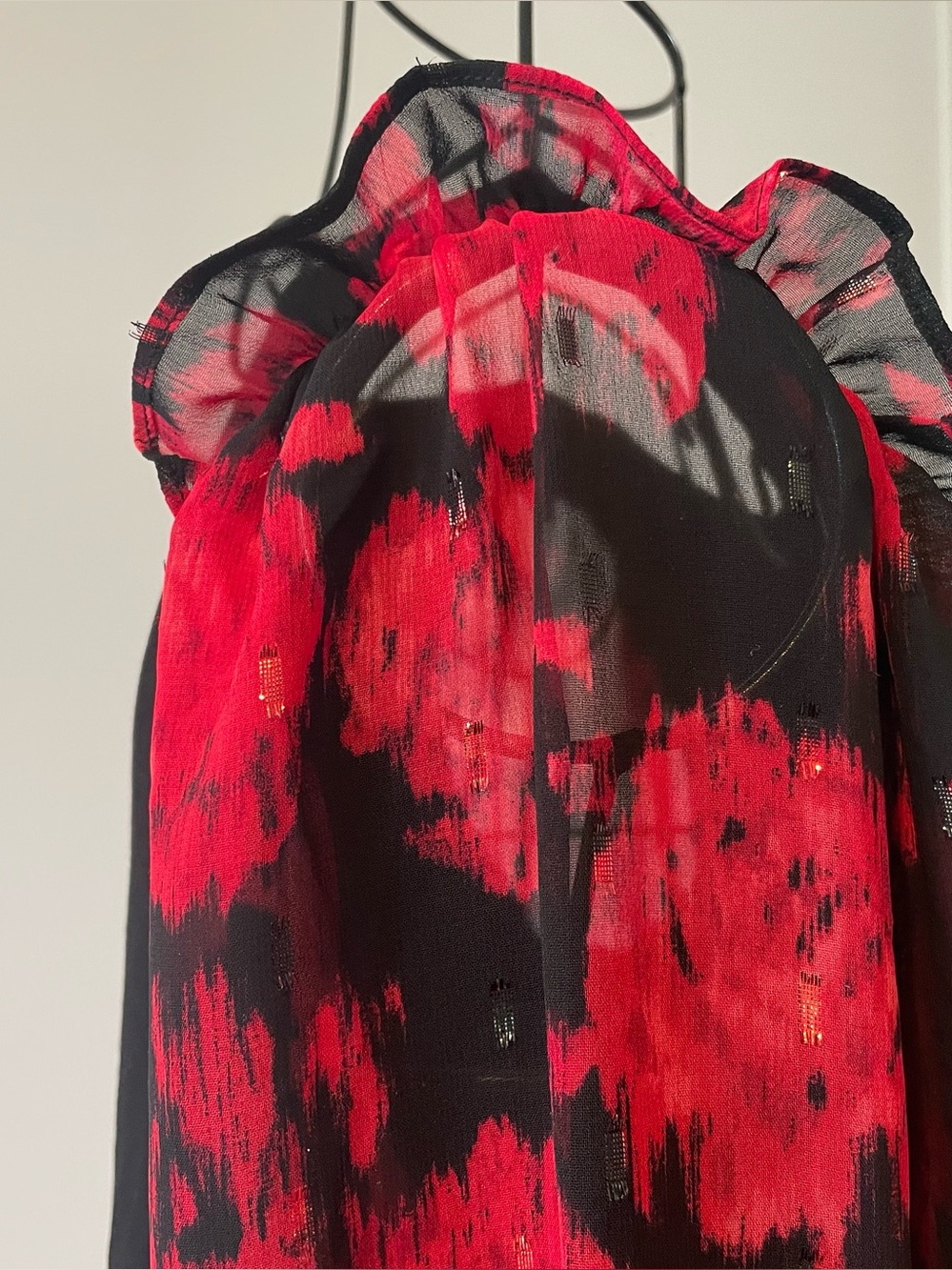 Chico’s Sheer Red and Black Ruffle Sleeve Top size 0